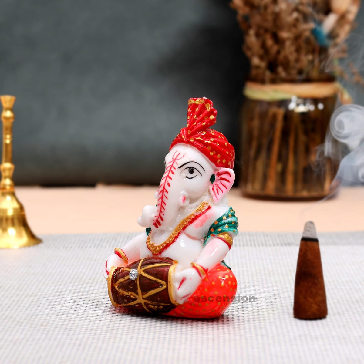 Handcrafted Pagadhi Ganesh Dholak White Ochre Beautiful Lord Bappa Ganesha Ganpati Ganesh ji Statue Car Dashboard Idol Showpiece Decorative Showpiece (Design 4)