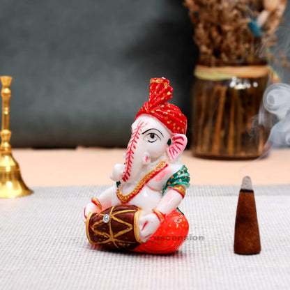 Handcrafted Pagadhi Ganesh Dholak White Ochre Beautiful Lord Bappa Ganesha Ganpati Ganesh ji Statue Car Dashboard Idol Showpiece Decorative Showpiece (Design 4)