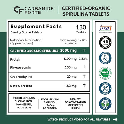 Carbamide Forte 100% Organic Spirulina Tablets 2000 mg Per Serving - Spirulina Powder Organic Tablets | Supports Energy, Immunity & Detox | Certified Spirulina Tablet - 180 Tablets