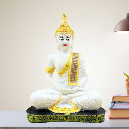 Meditating Buddha Polyresin Idol Showpiece - Perfect for Living Room, Bedroom and Office Space - Home D?cor and Staircase Wall Decoration - Ideal for Gifting (White Gold Buddha)