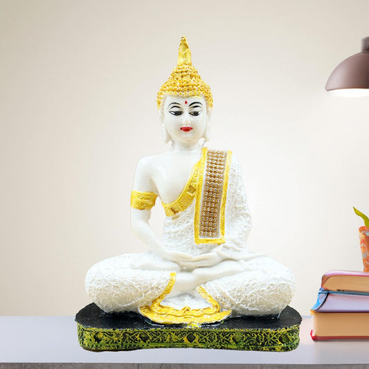 Meditating Buddha Polyresin Idol Showpiece - Perfect for Living Room, Bedroom and Office Space - Home D?cor and Staircase Wall Decoration - Ideal for Gifting (White Gold Buddha)