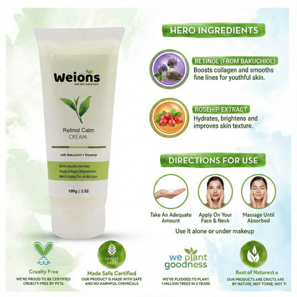 Retinol Calm Cream with Bakuchiol and Rosehip, Anti-Ageing Night Treatment, 100g