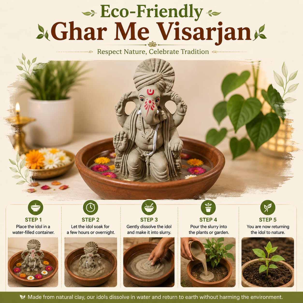 KSI 8.7inch Natural Clay Ganesh Murti | Handmade Mitti Ganpati Idol for Ganesh Chaturthi | Eco-Friendly Ganesha Idol for Home Decoration, Puja & Visarjan