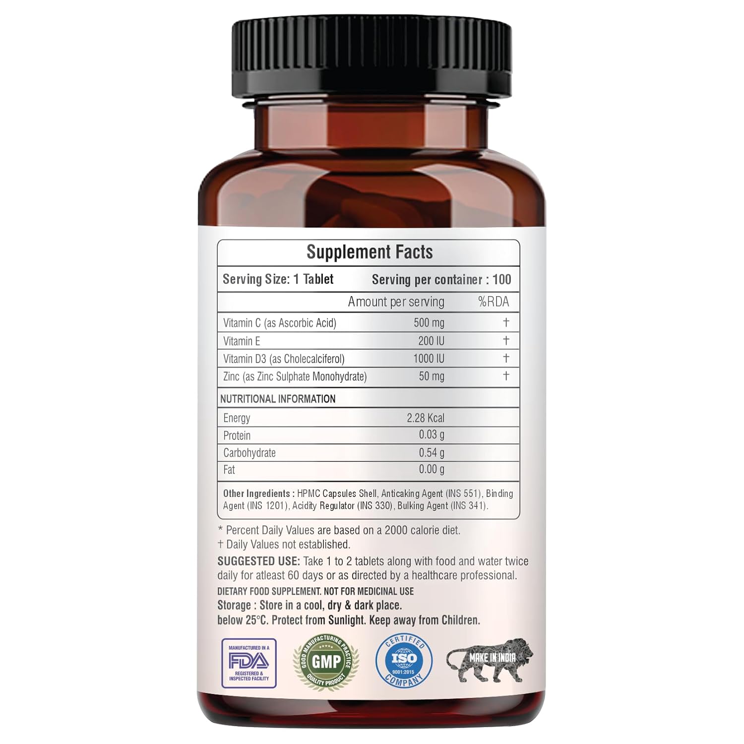 Supplement bottle with label showing nutritional information on a white background