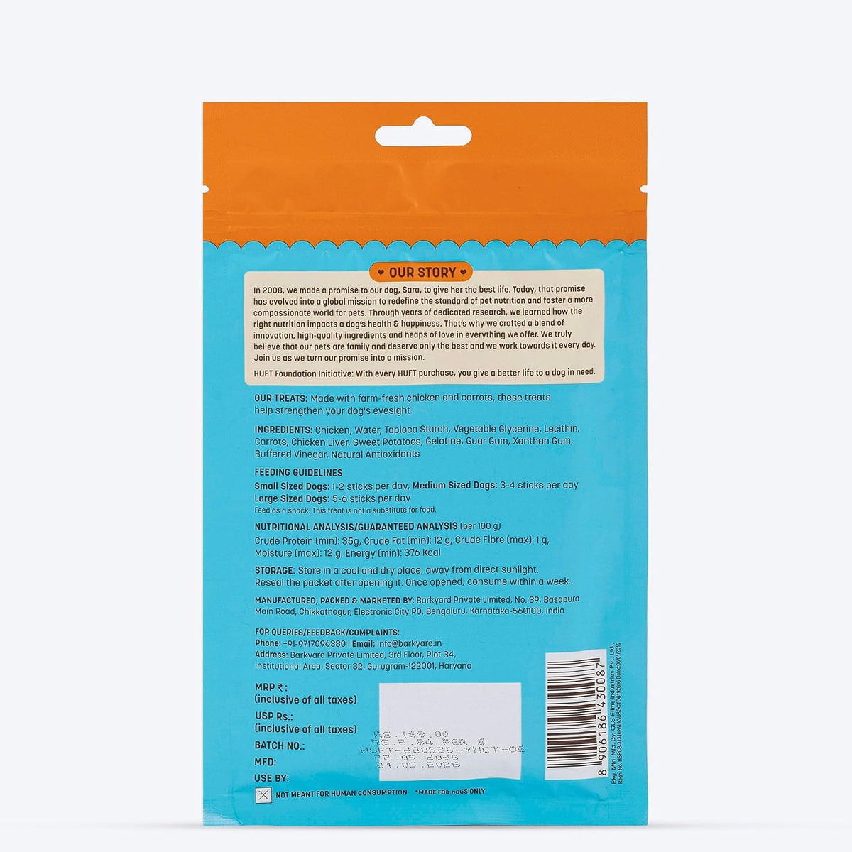 Yum Nums by HUFT Soft & Chewy Sticks - 70gm | Carrot with Chicken | Dog & Puppy Treats | Training Treats for Small & Adult Dogs | High-Protein, Soft & Tasty Snacks