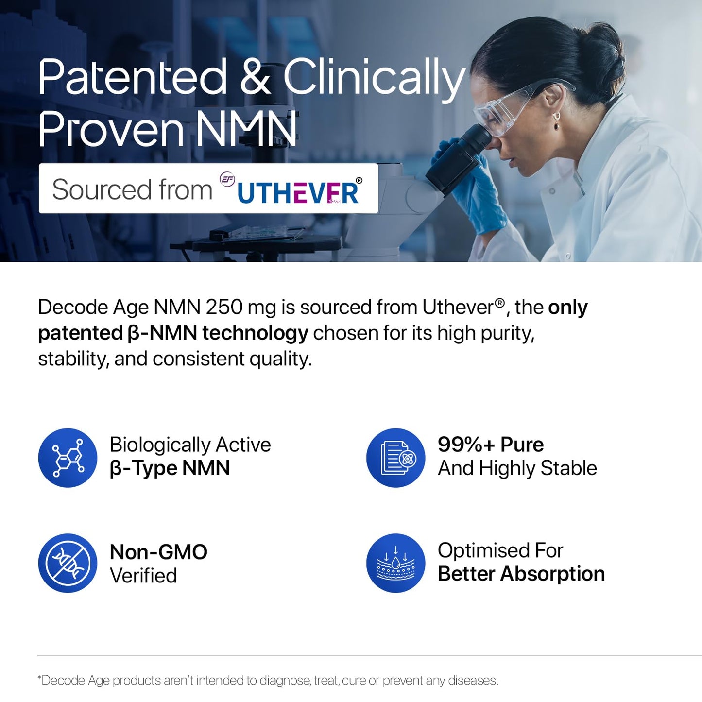 Advertisement for Decade Age NMN 250 mg with a scientist using a microscope and Uthever branding.