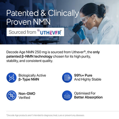 Advertisement for Decade Age NMN 250 mg with a scientist using a microscope and Uthever branding.