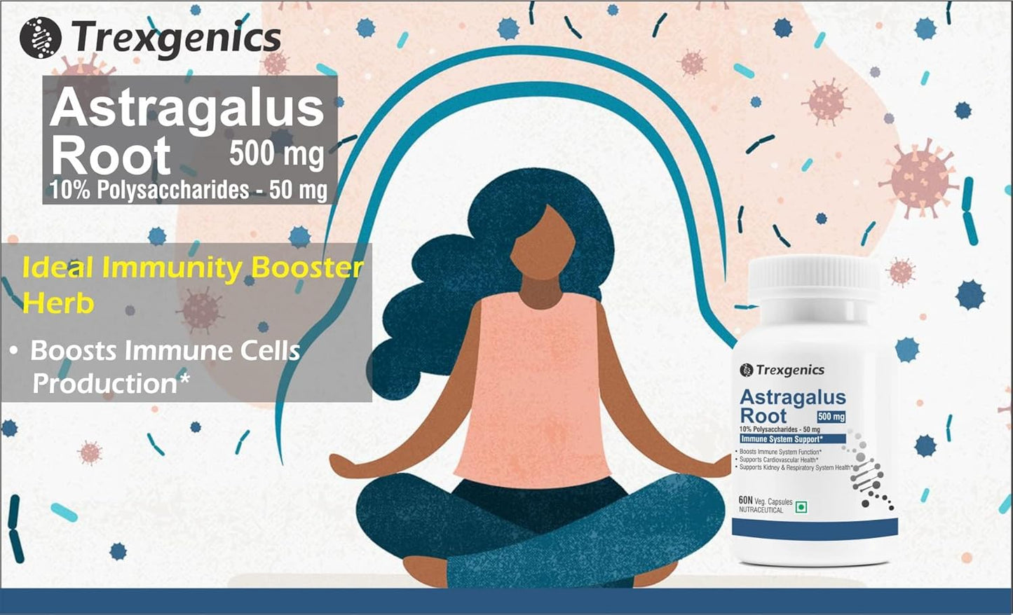 Trexegenics Astragalus Root supplement with a woman in a meditative pose on a colorful background.
