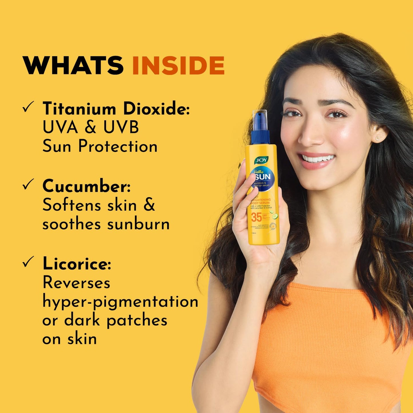 Joy Hello Sun Skin Brightening Body Sunscreen Lotion SPF 35 (150ml) | UVA + UVB Protection | Tan Control and Brightening | Lightweight, Fast Absorbing & Zero White Cast | For All Skin Types