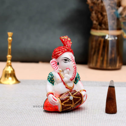 Handcrafted Pagadhi Ganesh Dholak White Ochre Beautiful Lord Bappa Ganesha Ganpati Ganesh ji Statue Car Dashboard Idol Showpiece Decorative Showpiece (Design 4)