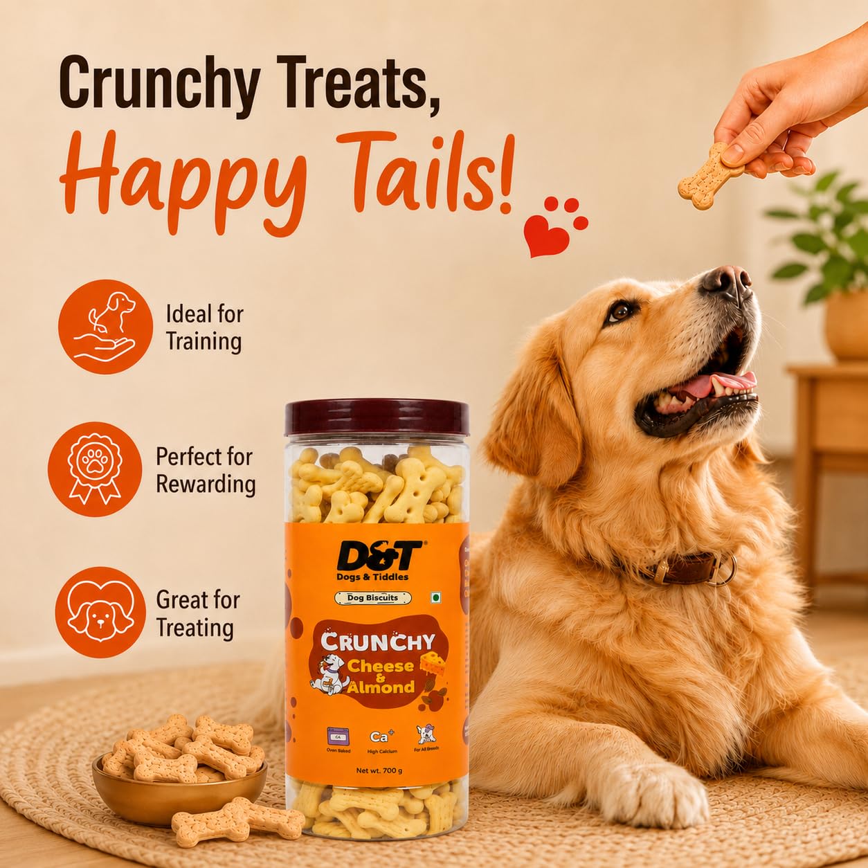 Dogs & Tiddles Cheese & Almond Dog Biscuits 700g | Oven Baked Crunchy Dog Treats | High Calcium Dog Snacks for All Life Stages & All Breeds