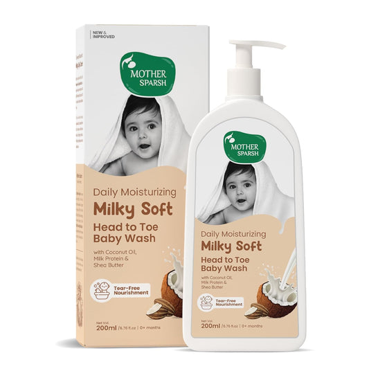 Mother Sparsh Milky Soft Head to Toe Baby Wash with Milk Protein & Shea Butter | Tear Free 2 in 1 Natural Body Wash & Shampoo for Babies