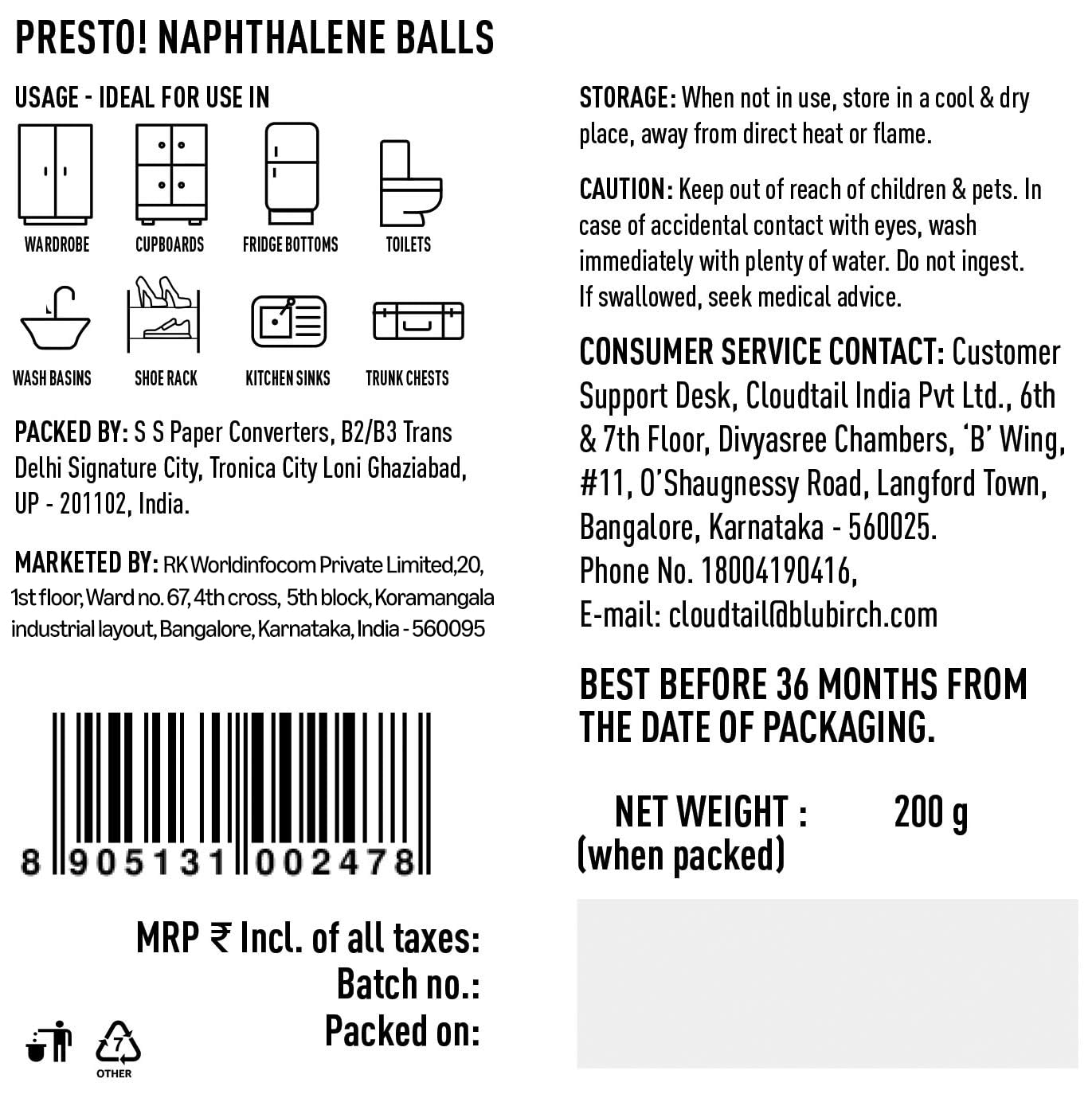 Presto! Naphthalene Balls | 400 Grams | 200 Gms X 2 Packs | Insect Repellant | Ideal For Cupboards, Bookshelves And Toilets