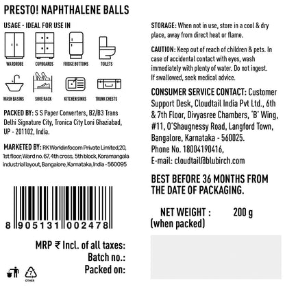 Presto! Naphthalene Balls | 400 Grams | 200 Gms X 2 Packs | Insect Repellant | Ideal For Cupboards, Bookshelves And Toilets