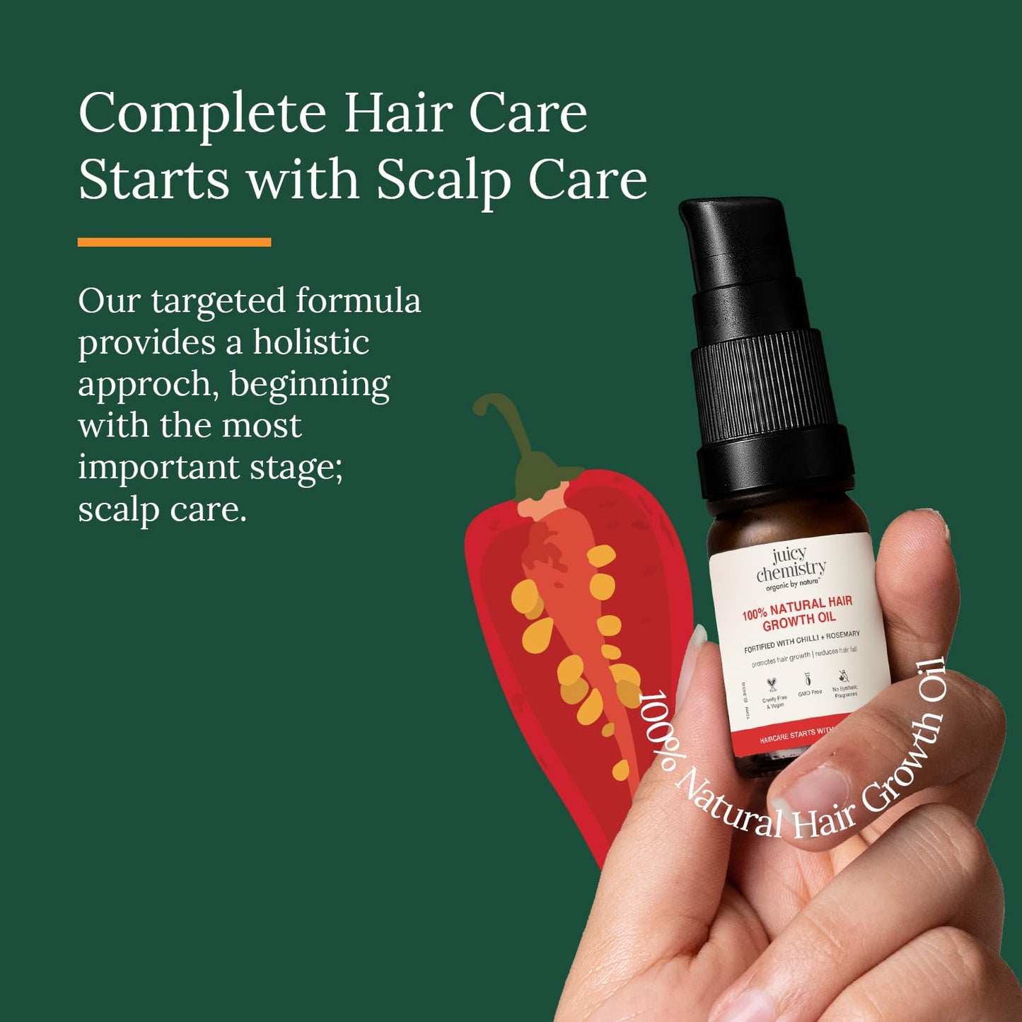 Juicy Chemistry 100% Natural Chilli + Rosemary Hair Growth Oil, 10ml | Promotes Hair Growth | Strengthens & Reduces Hair Fall | Revitalises Scalp & Hair | Improves Hair Texture | Restores Shine | Clinically Proven