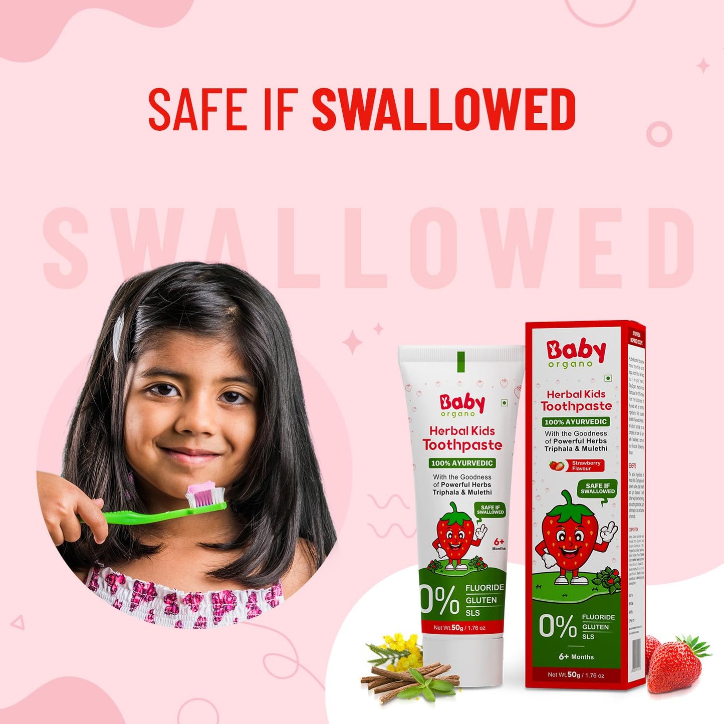 BabyOrgano Ayurvedic Baby Toothpaste for Kids 6+ Months | With Babool, Khadir, Mulethi & Neem | Fluoride-Free, SLS-Free | Safe to Swallow | Supports Strong Teeth & Gums | Strawberry Flavour | 50g (Pack of 1)