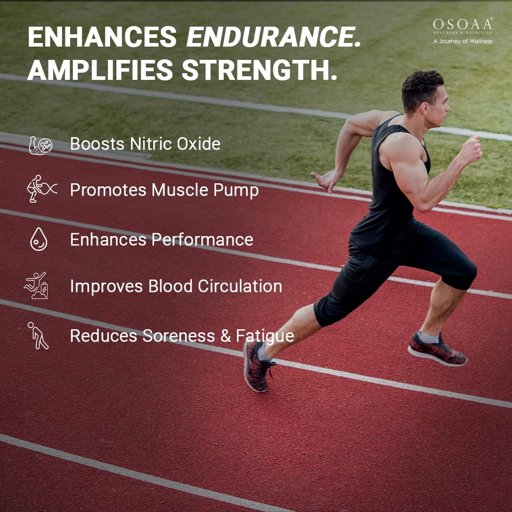Person running on a track with text about the benefits of a product, featuring the Osoaa brand.