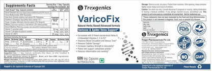 Trexgenics VaricoFix supplement label with text and logos.