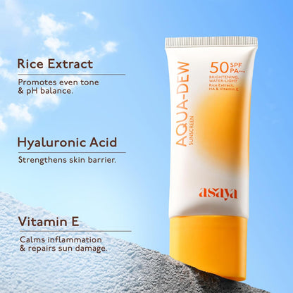 Aqua-Dew sunscreen tube with ingredients listed on a blue background