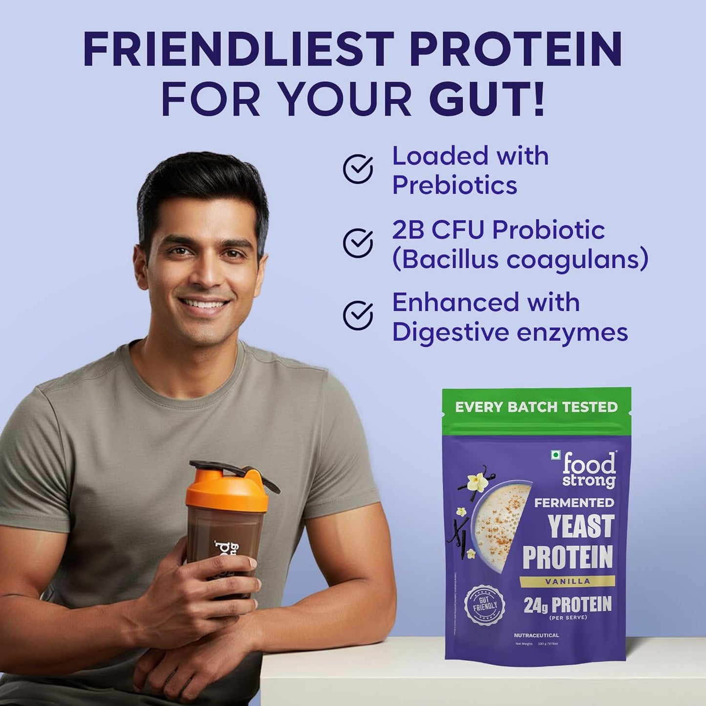 Foodstrong Fermented Yeast Protein - Vanilla | 26g Complete Plant Protein with Probiotics, Digestive Enzymes, & Indian Herbs | Vegan | No Sugar | 500g