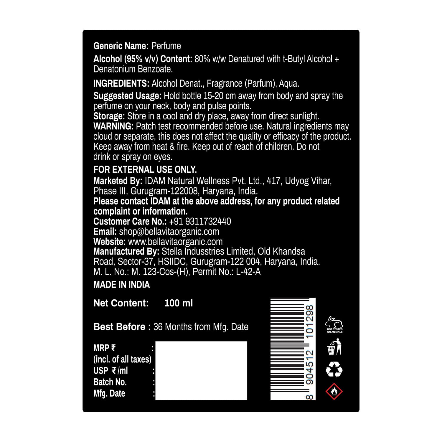Back label of a perfume bottle with text and product details.
