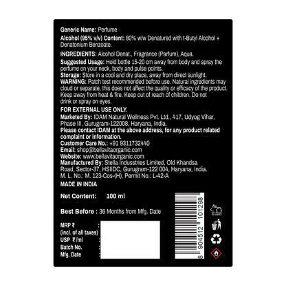 Back label of a perfume bottle with text and product details.