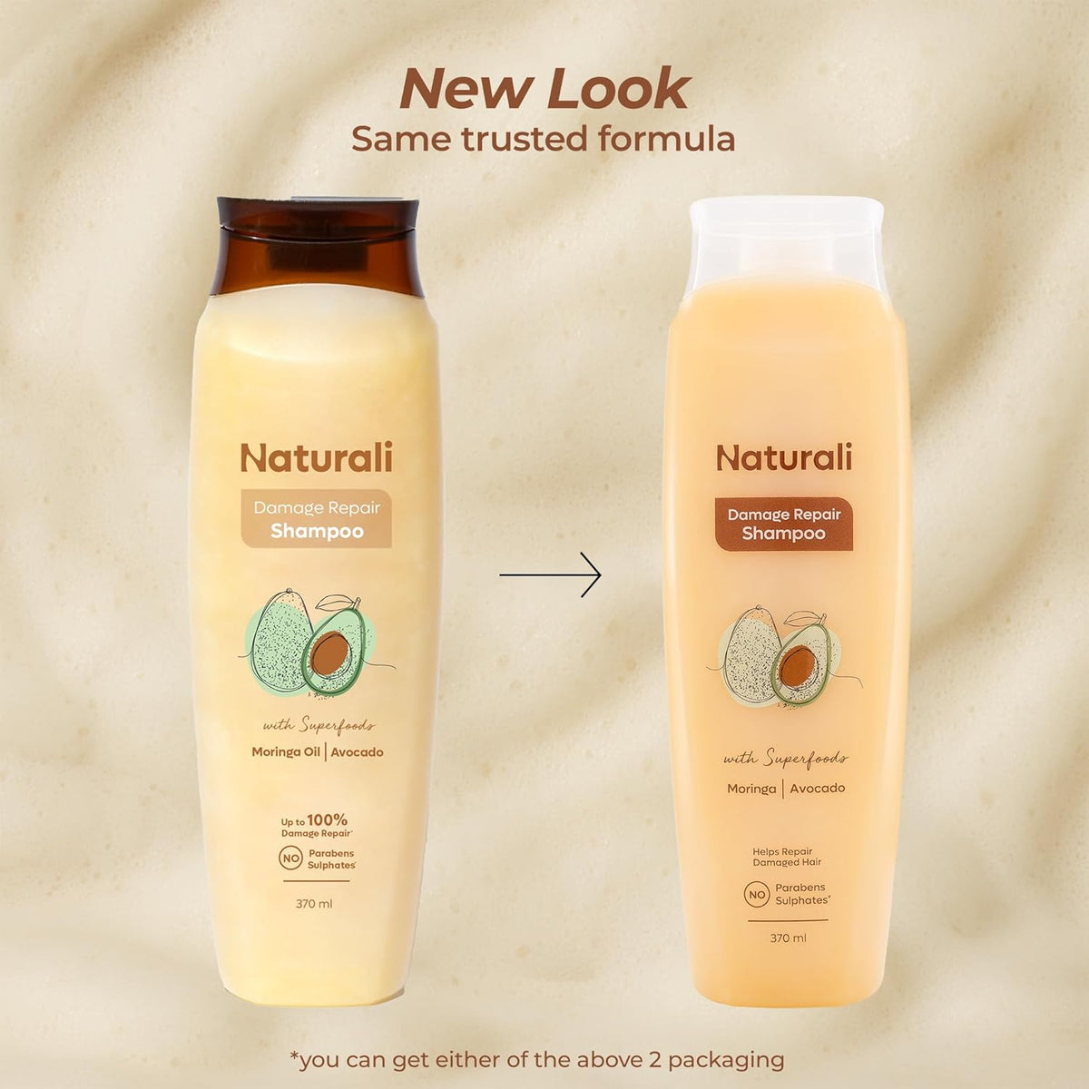 Two bottles of Naturali Damage Repair Shampoo with a beige background