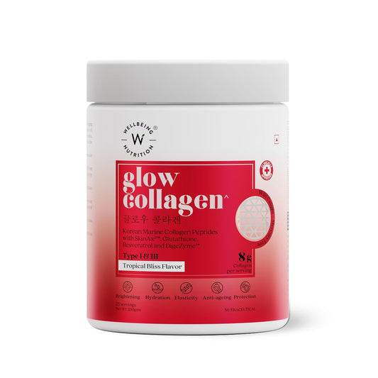 Zephivo Wellbeing Nutrition Glow Collagen with Glutathione | Collagen Supplements for Women & Men | Marine Collagen Powder with SkinAx², Resveratrol, Bromelain & Goji Berry | 250g - Tropical Bliss Flavor