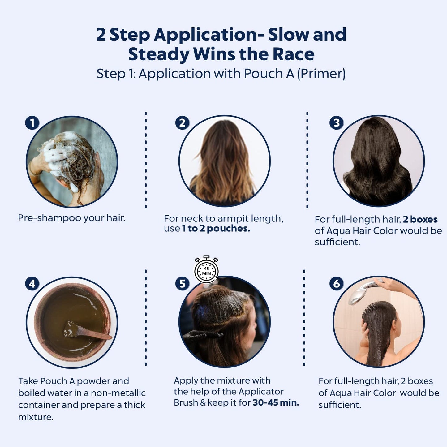 Step-by-step guide for hair color application with Aqua Hair Color, showing pre-shampooing, neck to armpit length, full-length hair, and preparation steps.