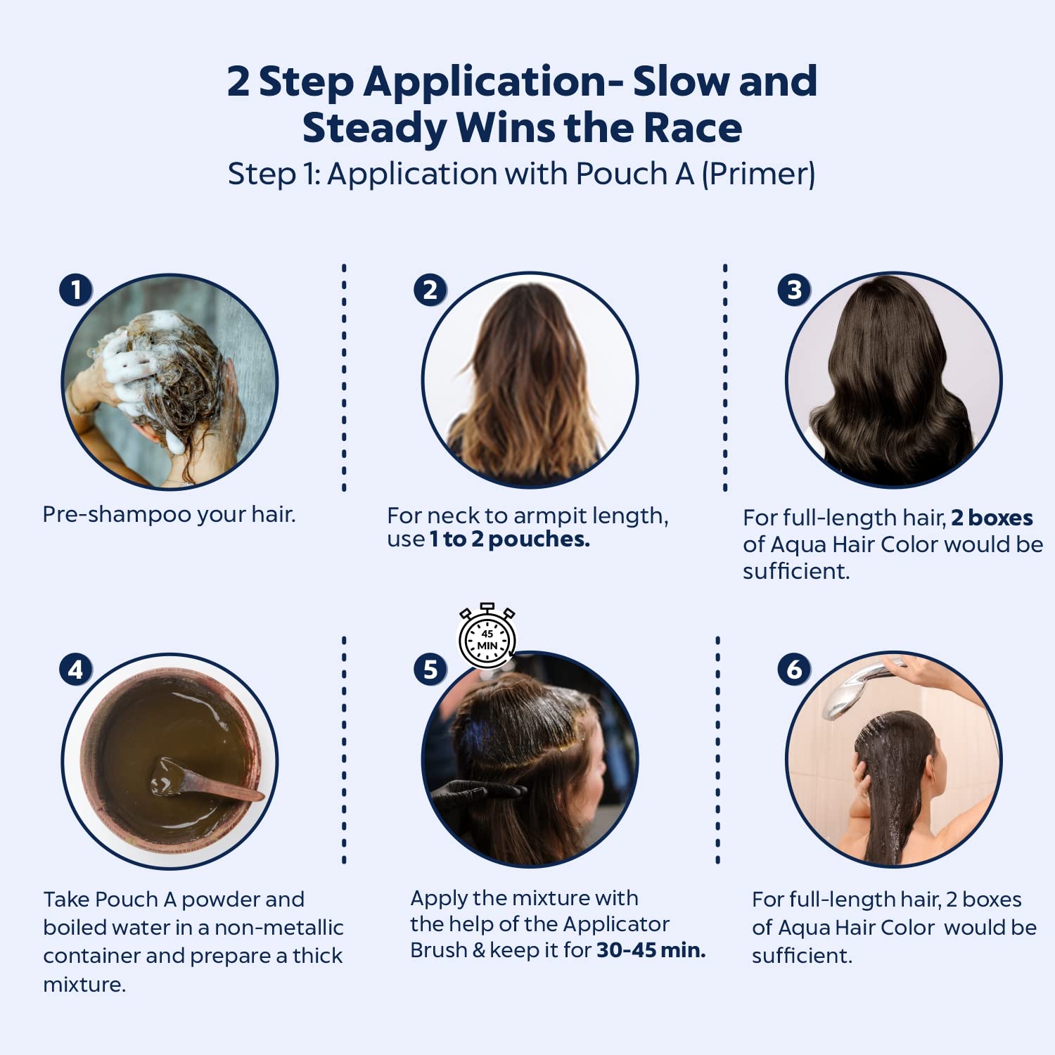 Step-by-step guide for hair color application with Aqua Hair Color, showing pre-shampooing, neck to armpit length, full-length hair, and preparation steps.