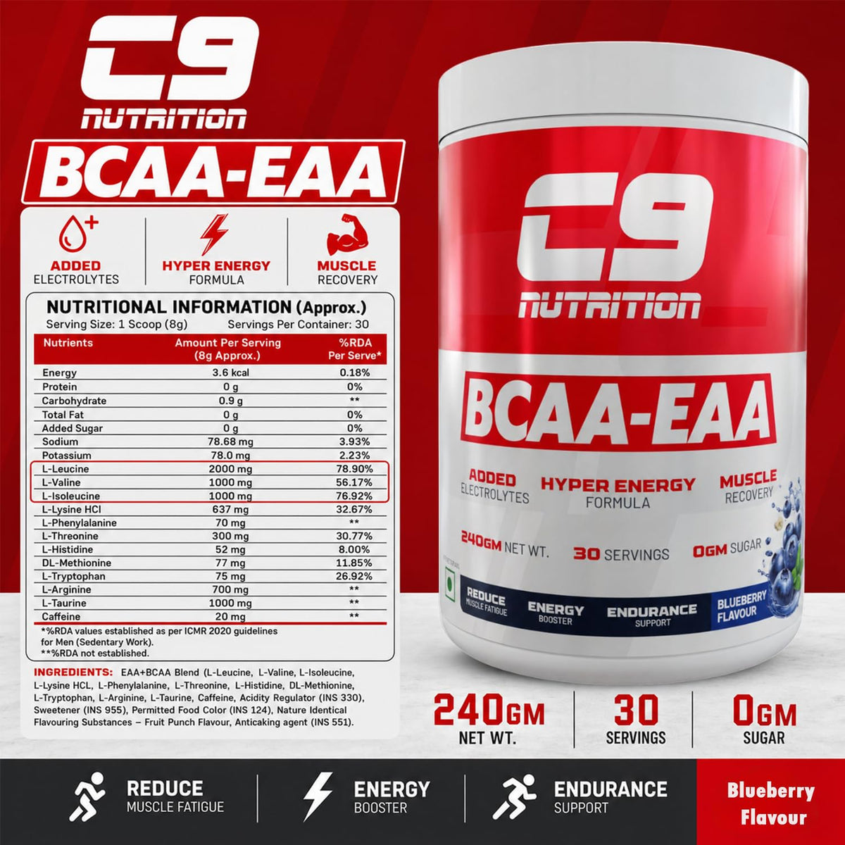 C9 NUTRITION BCAA EAA Powder with 5000mg BCAA, 9000mg EAA & 500mg L-Arginine | Sugar-Free Amino Acid Supplement with Electrolytes for Workout & Muscle Recovery | 30 Servings, Blueberry Flavour