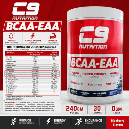 C9 NUTRITION BCAA EAA Powder with 5000mg BCAA, 9000mg EAA & 500mg L-Arginine | Sugar-Free Amino Acid Supplement with Electrolytes for Workout & Muscle Recovery | 30 Servings, Blueberry Flavour