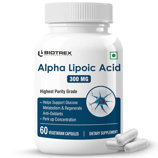 Biotrex Nutraceuticals Alpha Lipoic Acid (ALA) 300mg | Supports Cognitive & Nerve Health | Potent Antioxidant | Healthy Liver & Skin Health | Immunity | Energy & Metabolism | Non GMO | 60 Veg Capsules