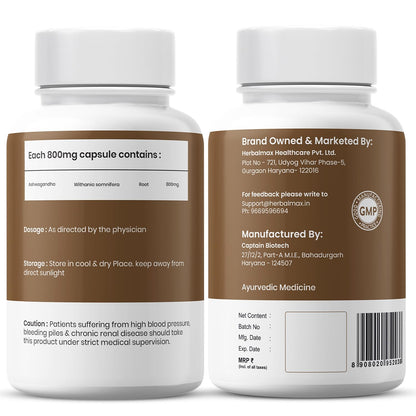 Herbal Max Ashwagandha General Wellness Capsules – 30 Veg Capsules 800mg | Ayurvedic Supplement for Stress Relief, Performance, Immunity & Energy