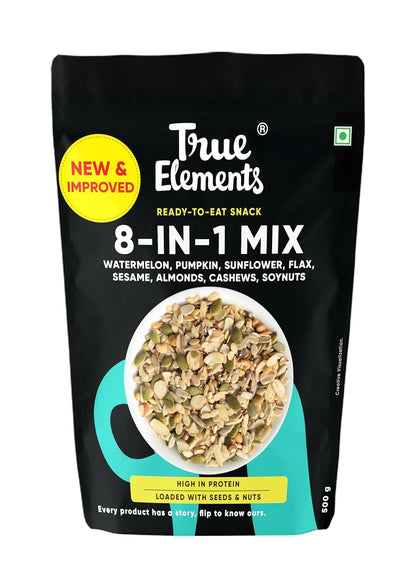 True Elements 8-in-1 Mix Ready-to-Eat Snack, Watermelon, Pumpkin, Sunflower, Flax, Sesame, Almonds, Cashews, Soynuts, High in Protein, 500g