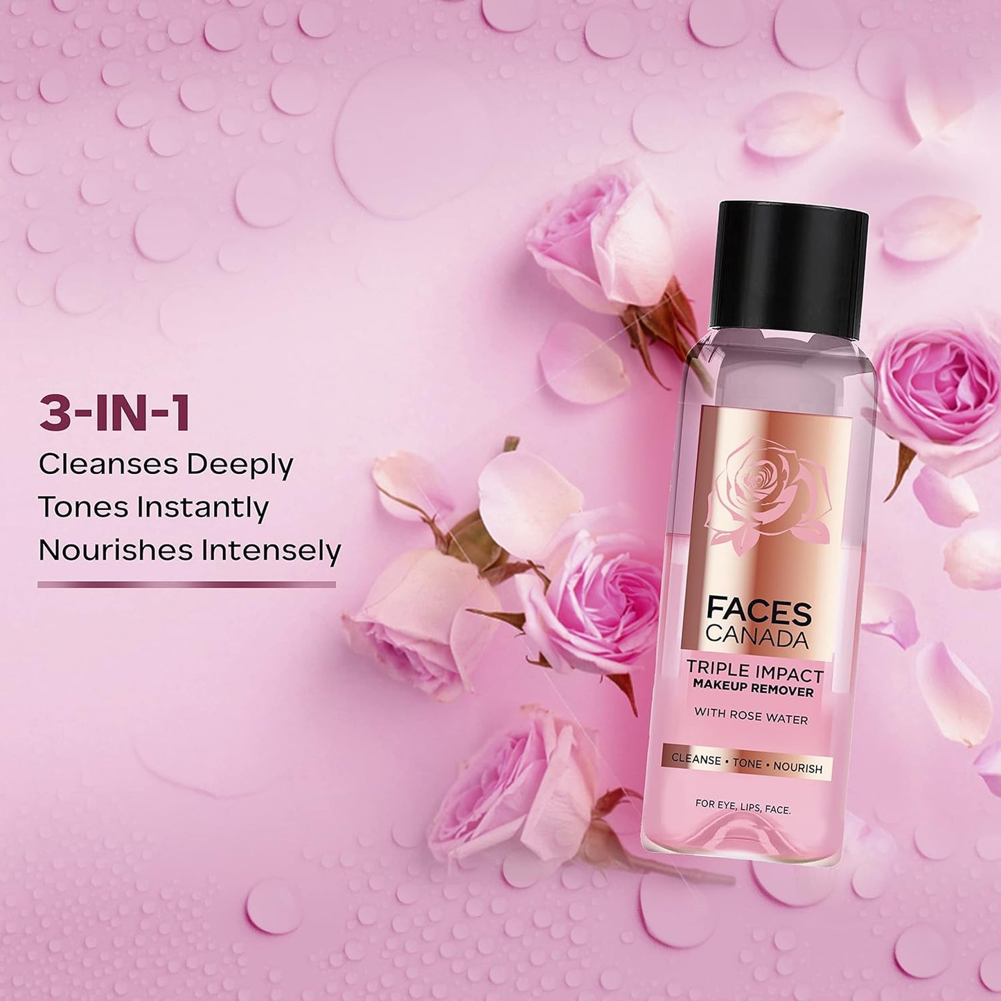FACESCANADA Triple Impact Makeup Remover, 120 Ml | With Rose Water | 3-In-1 Cleanse, Tone & Nourish | Deep Cleanses & Removes Makeup For Eyes, Lips & Face | Bi-Phasic Formula