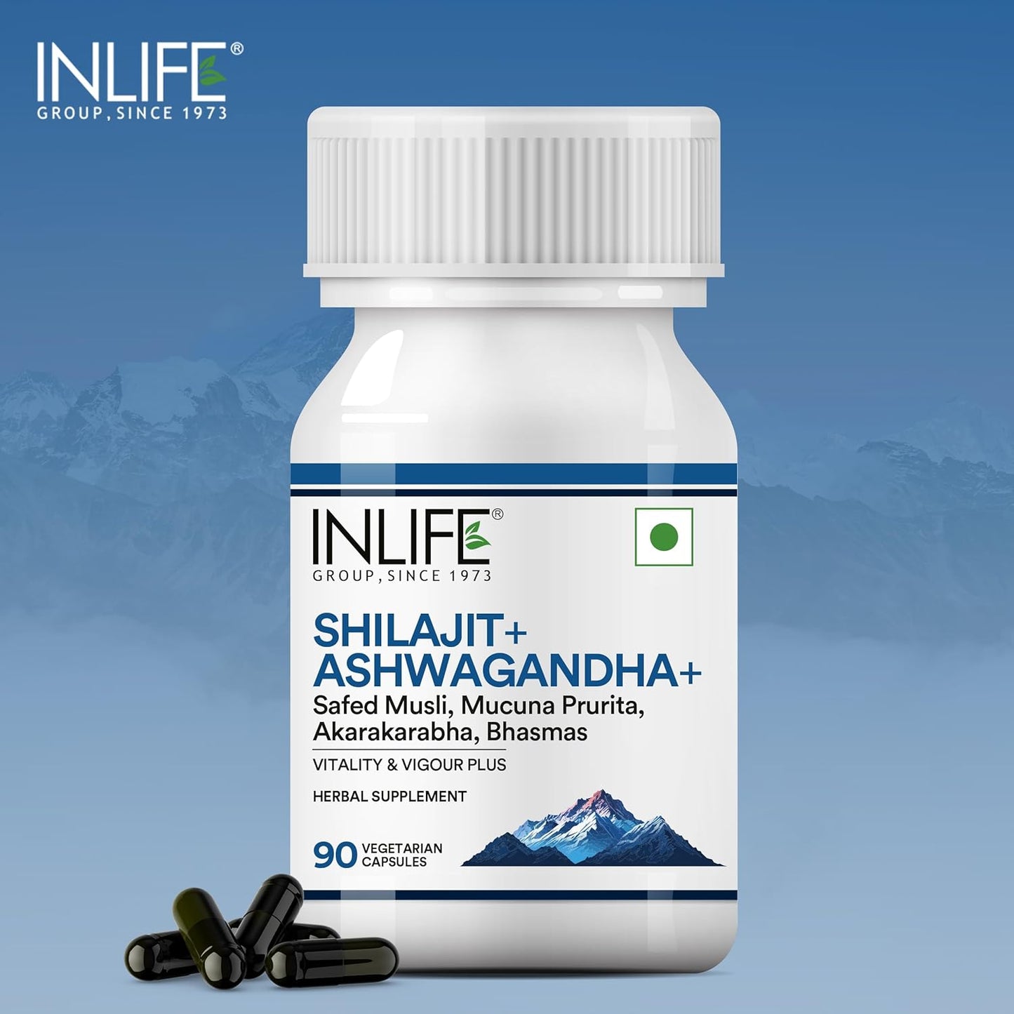 INLIFE Shilajit with Ashwagandha Safed Musli Akarkara | Strength and Stamina | 14 Ayurvedic Ingredients | For Men & Women - 90 Vegetarian Capsules