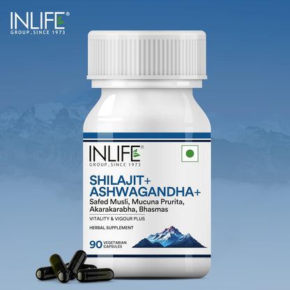 INLIFE Shilajit with Ashwagandha Safed Musli Akarkara | Strength and Stamina | 14 Ayurvedic Ingredients | For Men & Women - 90 Vegetarian Capsules