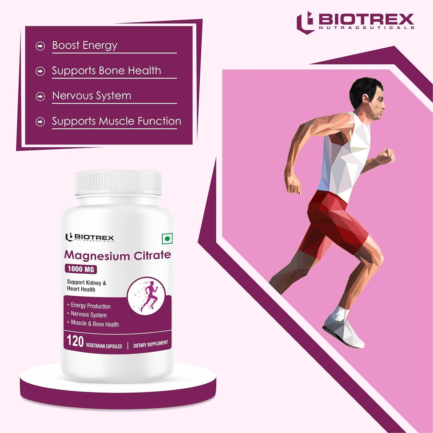 Biotrex Nutraceuticals Magnesium Citrate Supplement, Supports Bone & Sleep Health - 120 Vegetarian Capsules