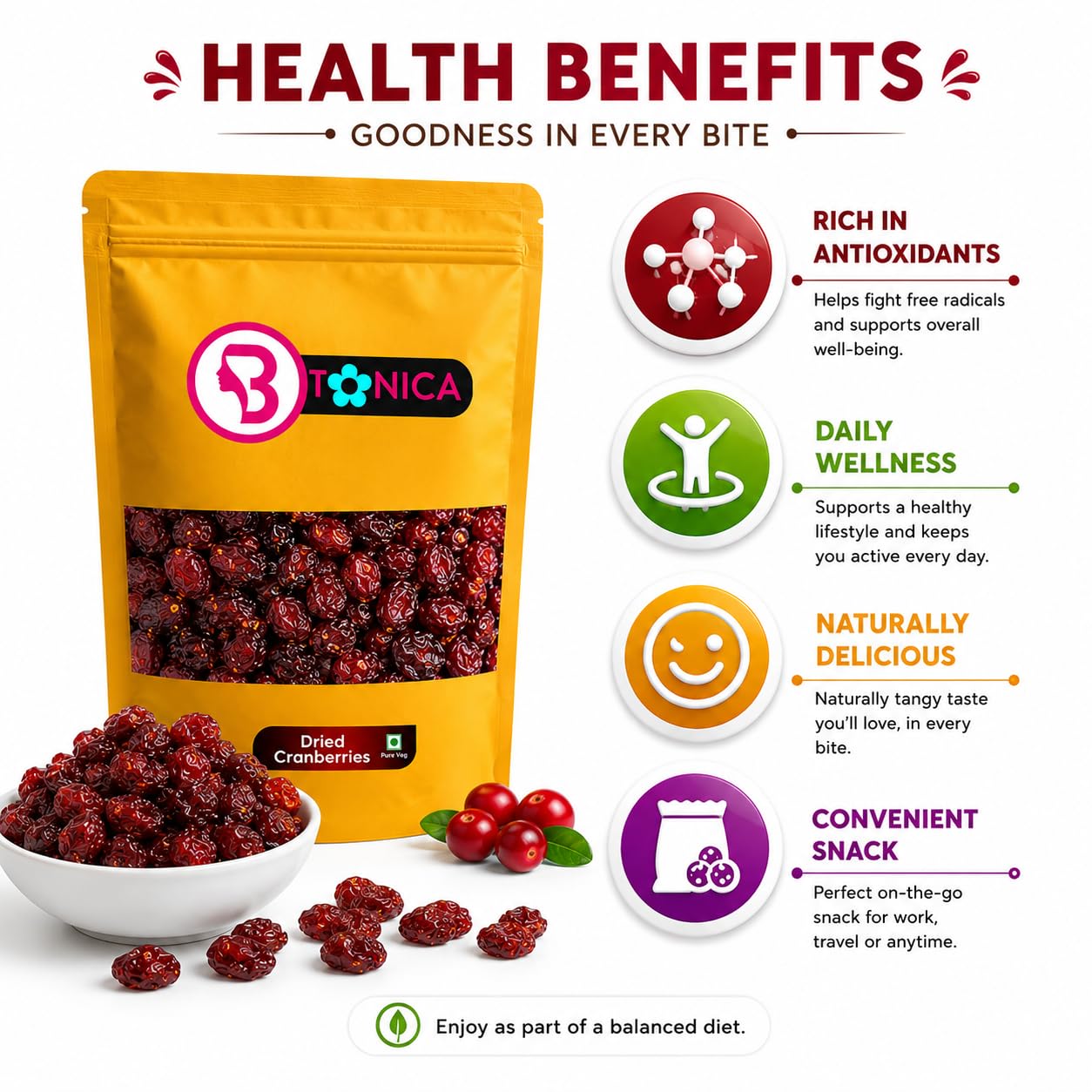 Btonica Unsweetened Cranberries – Non-Sugar Coated Whole Dried Berries | No Added Sugar, No Preservatives