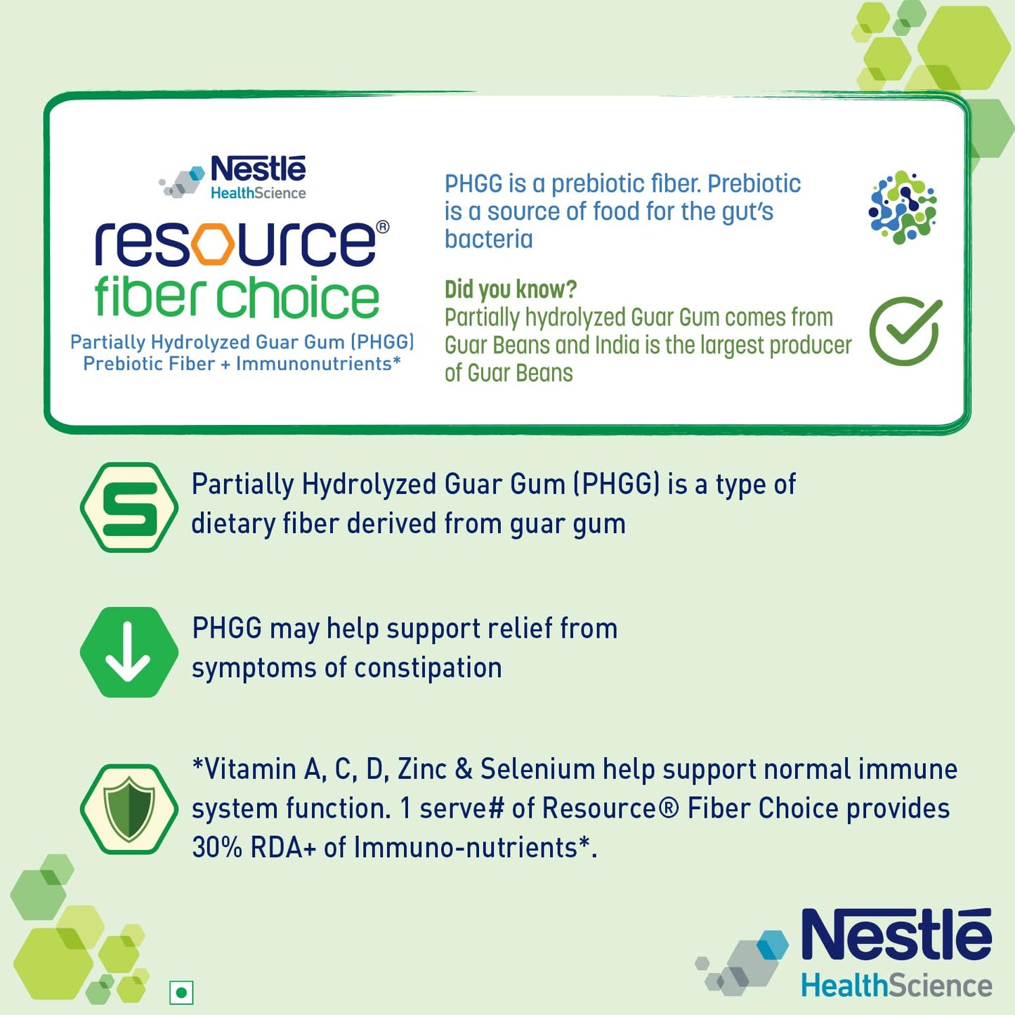 Nestle HealthScience Resource Fiber Choice product information on a green background