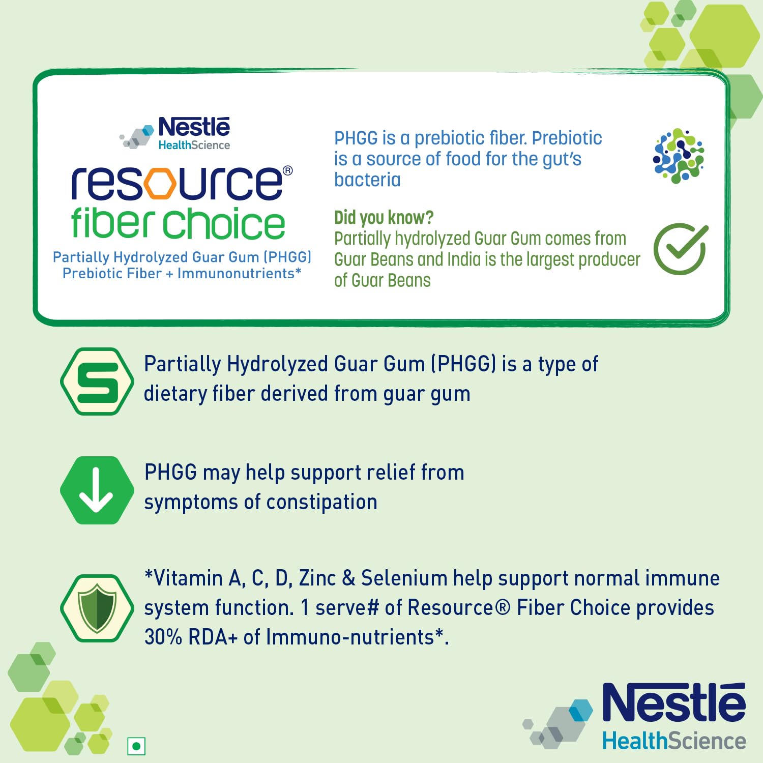 Nestle HealthScience Resource Fiber Choice product information on a green background