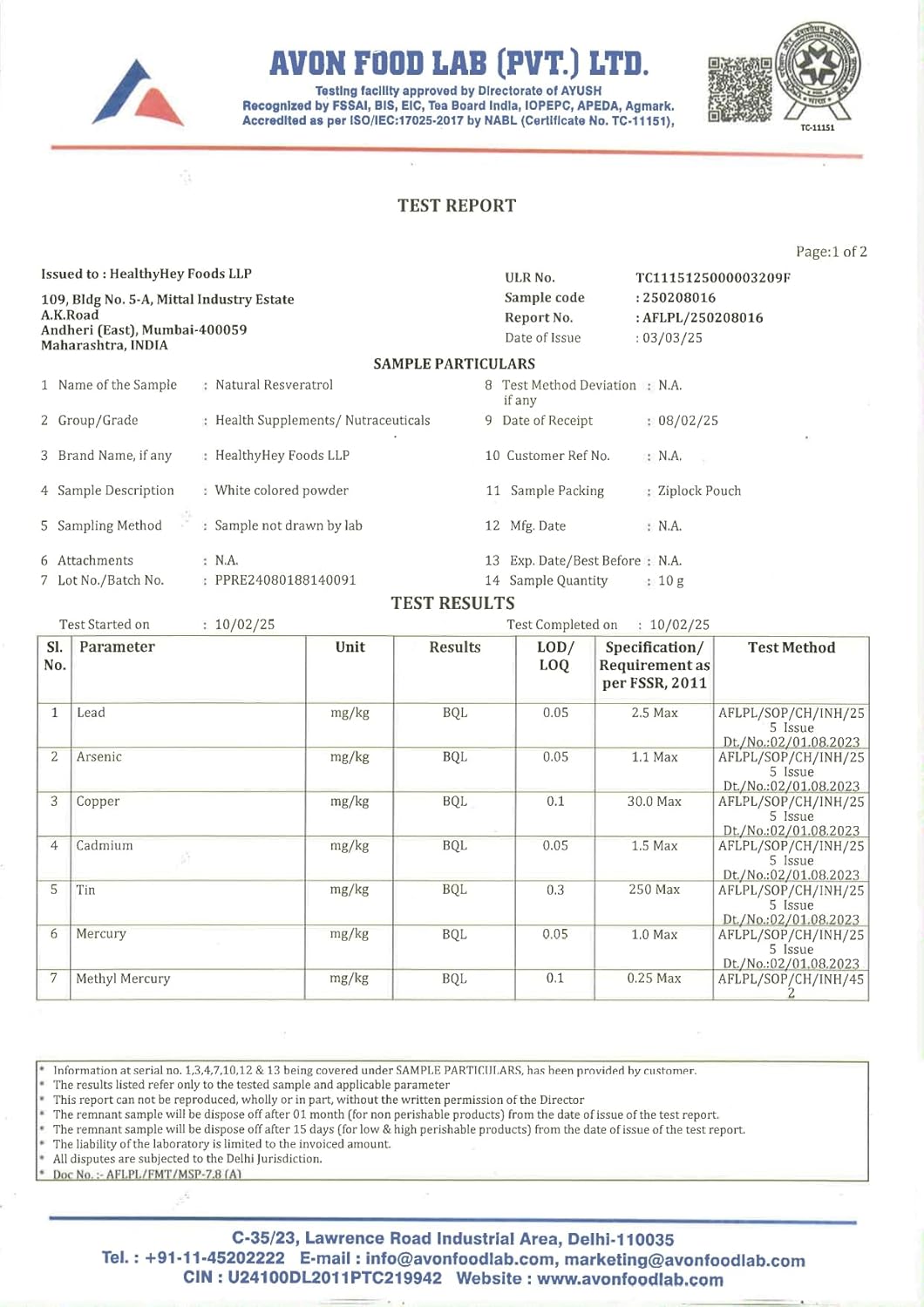Avon Food Lab test report with various parameters and results.