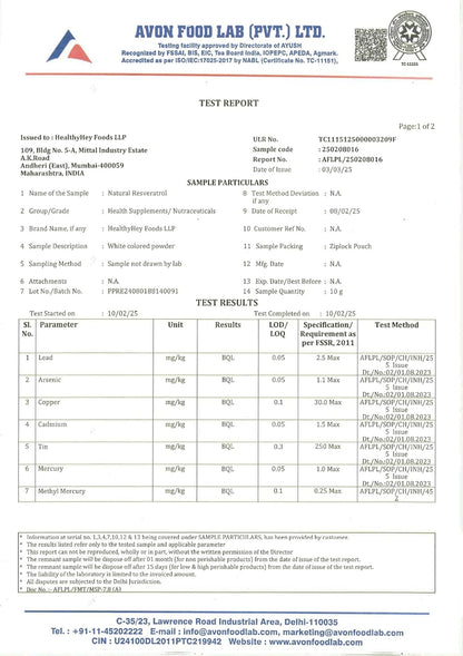 Avon Food Lab test report with various parameters and results.