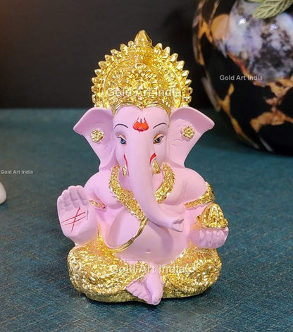 Gold Art India Gold Plated Ganesha with Terracotta Colour - Perfect for Car Dashboards, Office & Home Shelves, Diwali Puja, and Gifting (MukutGoldPink 3.5"), Idol