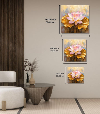 Lotus Flower Painting for Wall Vastu (15+ DESIGNS) Framed Lotus Canvas Painting for Living Room, Bedroom | Nature Floral Wall Art with Multiple Design Variations (Pink Golden Lotus, 18x18 Inch, Framed)