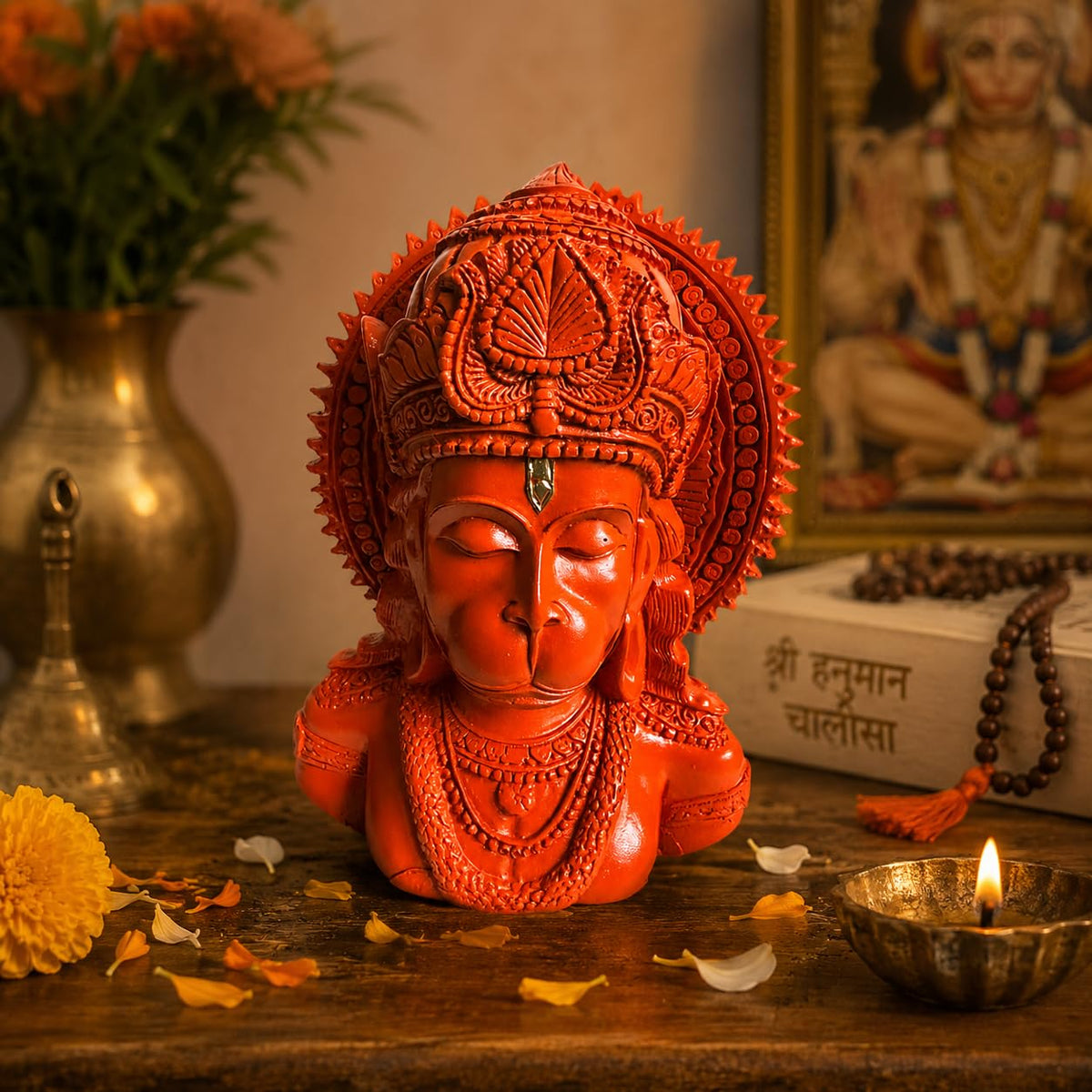 Lord Hanuman Ji Idol for Home Décor | Orange Hanuman Bust Statue with Intricate Detailing | Spiritual Decorative Showpiece for Temple, Living Room & Gifting
