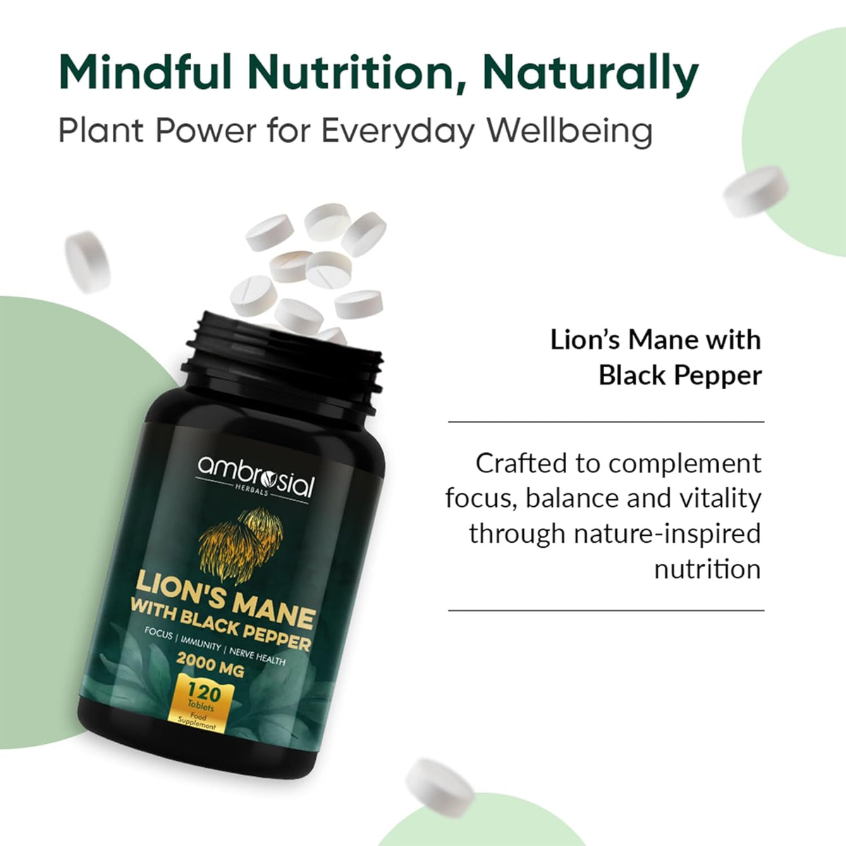 Ambrosial Lion's Mane with Black Pepper supplement bottle on a white background with green accents.