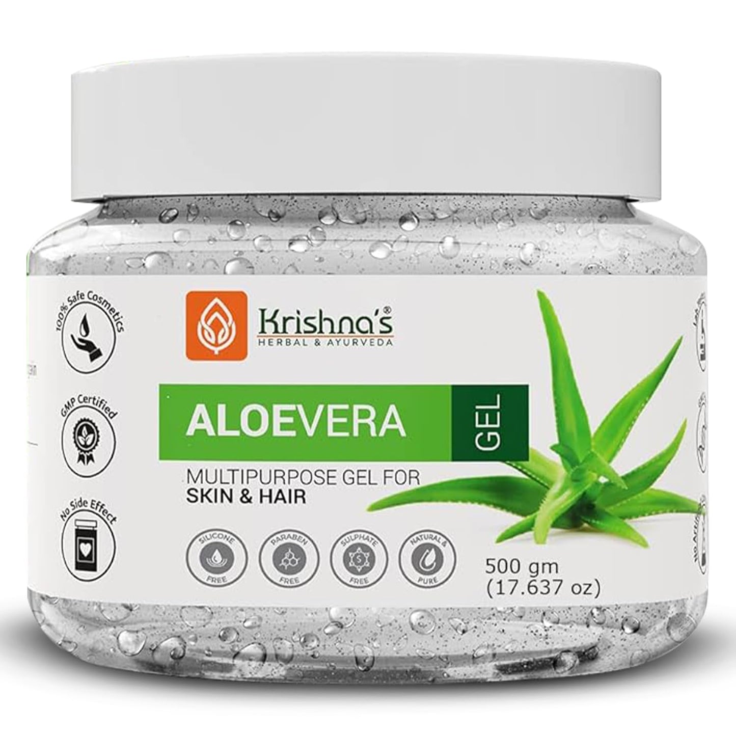 KRISHNA's HERBAL & AYURVEDA Aloe Vera Gel - 500 G Pure White Non-Sticky Transparent 3 In 1 Aloe Fresh Soothing Gel For Skin, Body & Hair, Vitamin C+E Natural Emollients, Dark Spots And Acne