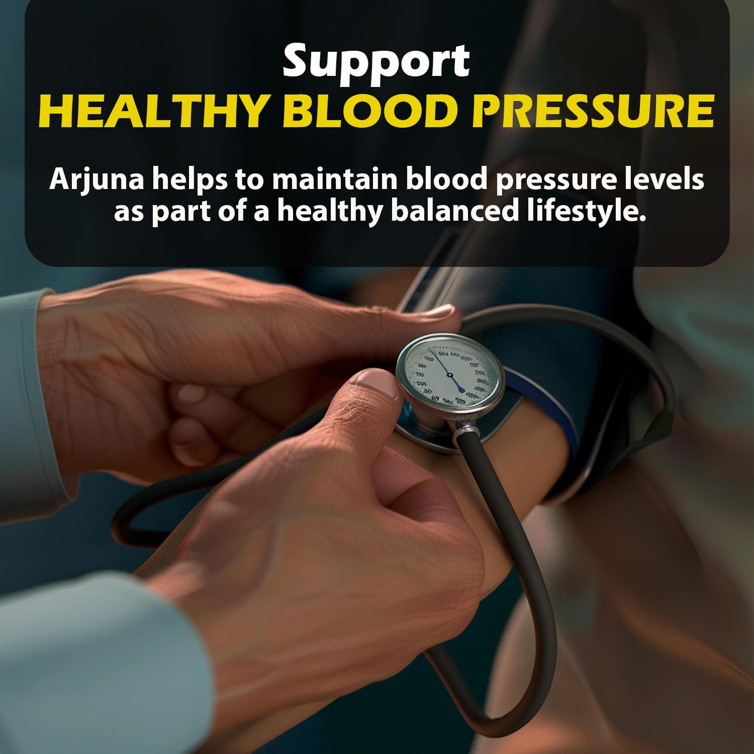 Person checking blood pressure with text about Arjuna supporting healthy blood pressure.